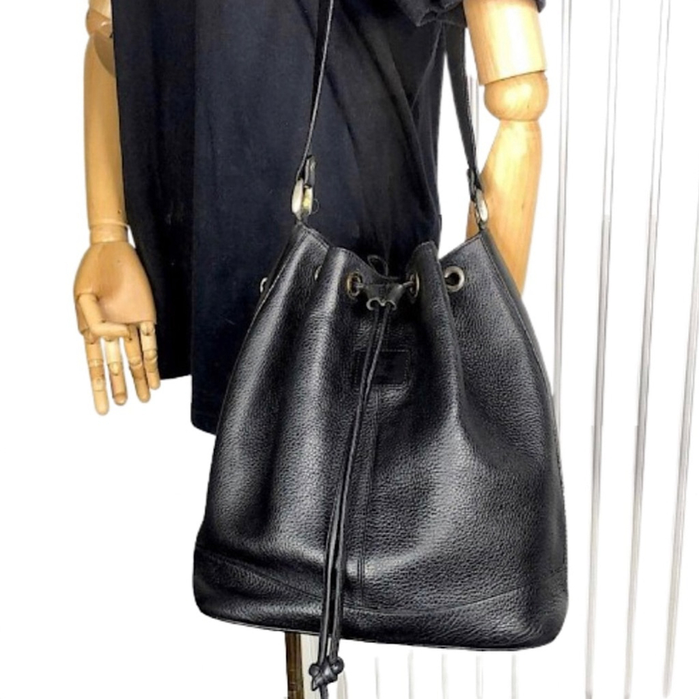 BURBERRYS Large Black Leather Bucket Drawstring Bag Nova Check Lining Authentic